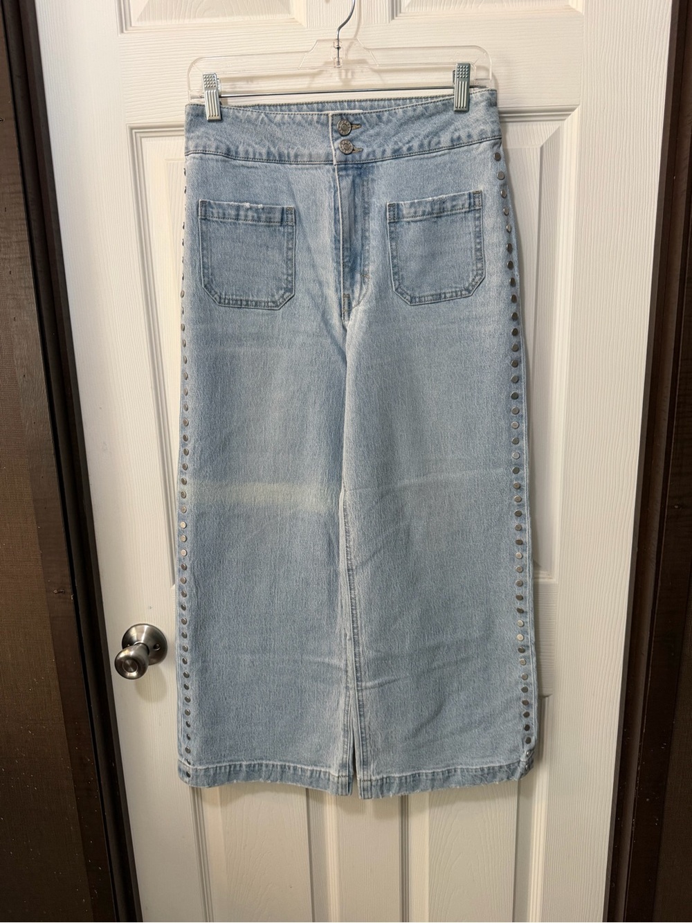 Anthropologie Unpublished Gemma Crop Wide Leg Sailor Pockets Studded Jeans Sz 27